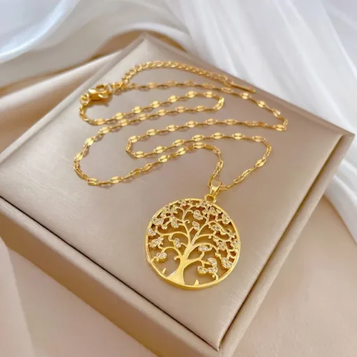 "Buy luxurious life tree pendant necklace in Pakistan – 18K gold-plated stainless steel with synthetic zirconia, perfect for holidays and party wear"
