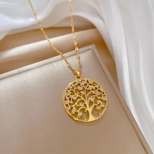 "Buy luxurious life tree pendant necklace in Pakistan – 18K gold-plated stainless steel with synthetic zirconia, perfect for holidays and party wear"