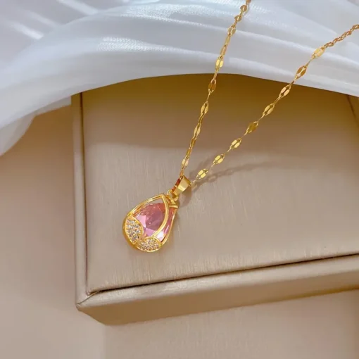 "Buy tulip flower cubic zircon pendant necklace in Pakistan – unisex copper jewelry with golden stainless steel bamboo chain, perfect for Mother's Day and anniversaries"