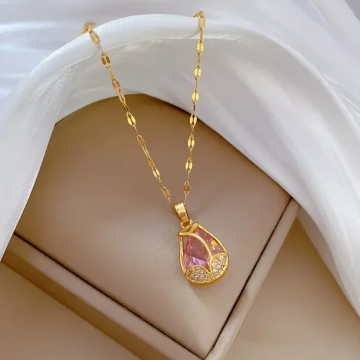 "Buy tulip flower cubic zircon pendant necklace in Pakistan – unisex copper jewelry with golden stainless steel bamboo chain, perfect for Mother's Day and anniversaries"