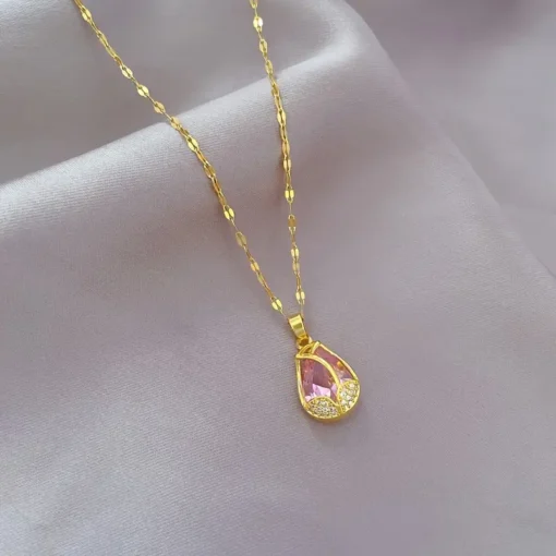 "Buy tulip flower cubic zircon pendant necklace in Pakistan – unisex copper jewelry with golden stainless steel bamboo chain, perfect for Mother's Day and anniversaries"
